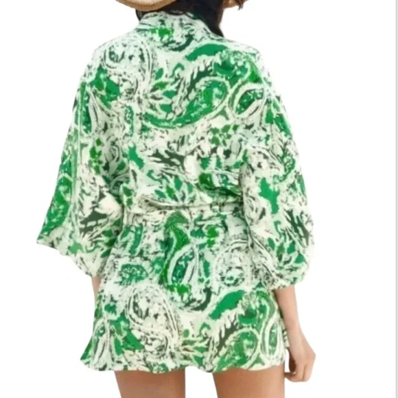 Zara Linen Blend Kimono Tie Front Mid Length Green Paisley Print Size Med/Large - Picture 7 of 16